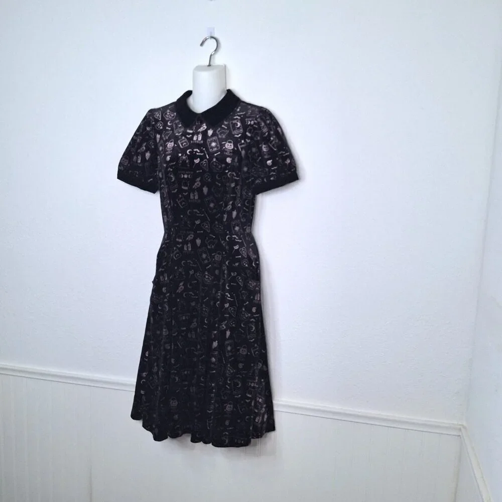 Collectif London Halloween Skater Dress Midi Sz S Velvet Novelty Print Pockets - Picture 2 of 16